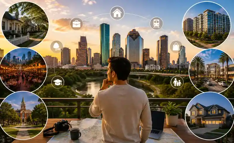 Traveler comparing Houston neighborhoods to choose the best area to stay based on attractions, dining, shopping, and lifestyle.